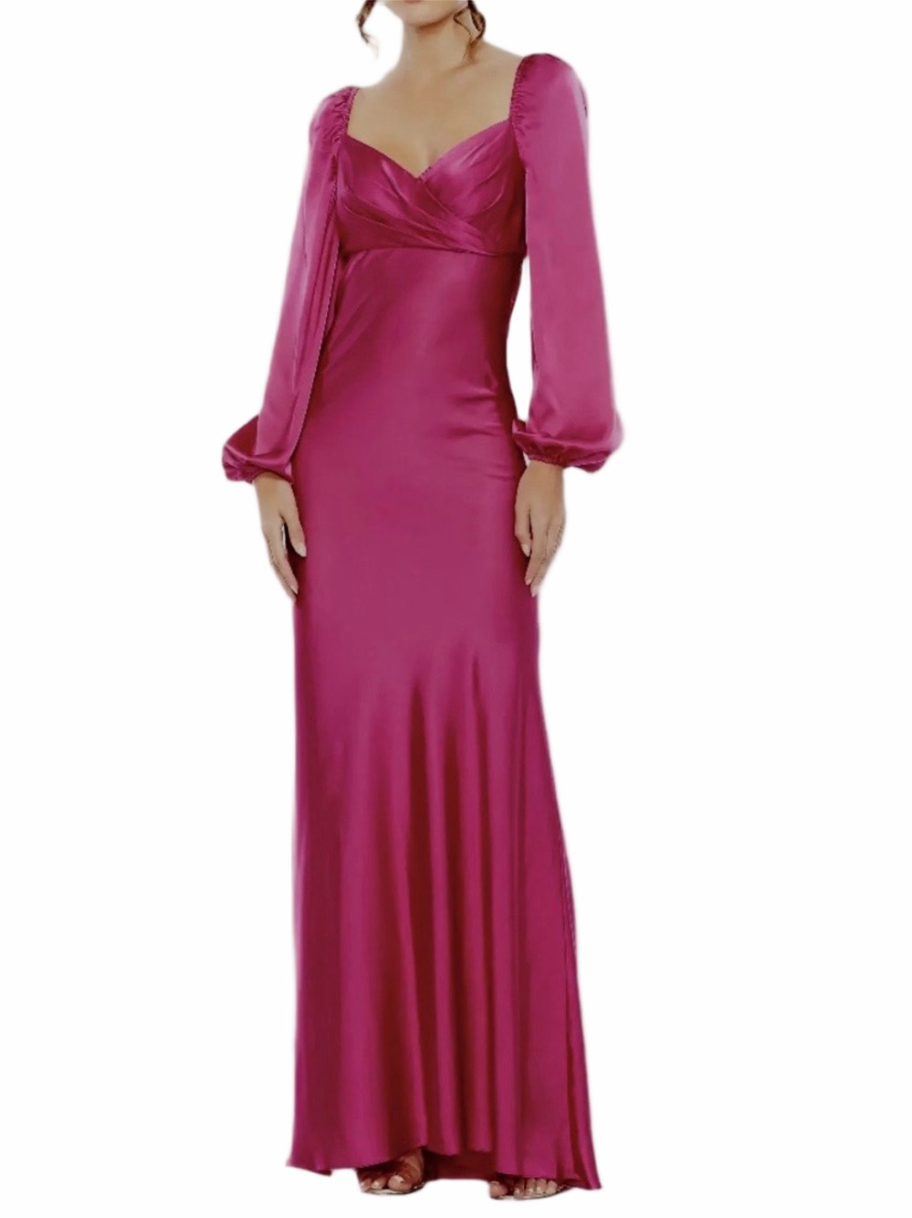 Mac Duggal Ieena Sweetheart Neckline Long Puff Sleeve Charmuese Maxi Gown Sz 14